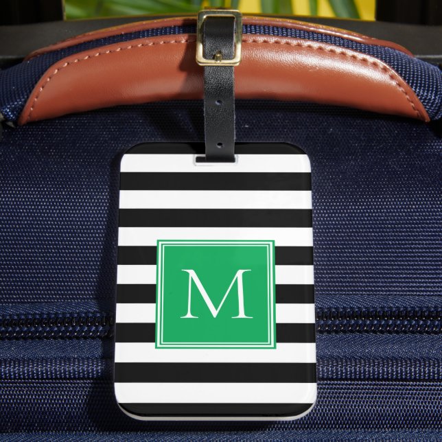 Étiquette À Bagage Rayure noire et blanche avec monogramme vert kaki (Insitu Rectoal 2)