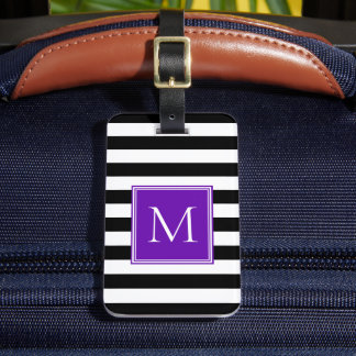 Étiquette À Bagage Rayure noire et blanche avec monogramme violet