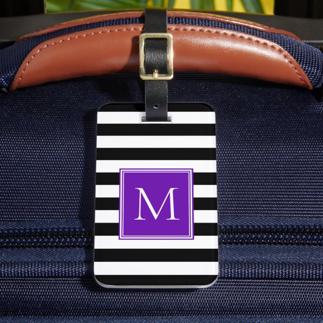 Étiquette À Bagage Rayure noire et blanche avec monogramme violet (Insitu Rectoal 2)