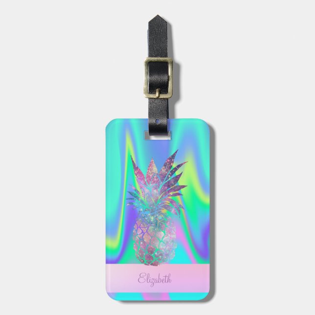 Étiquette À Bagage Rayure tendance cool Ananas holographique (Devant Vertical)