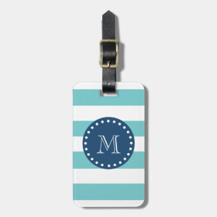 Étiquette À Bagage Rayures blanches turquoises motif, monogramme de