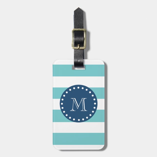 Étiquette À Bagage Rayures blanches turquoises motif, monogramme de (Devant Vertical)