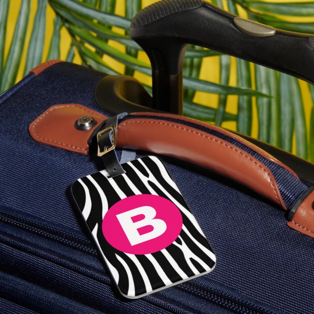 Étiquette À Bagage Rayures Classiques de Zèbre Monogramme Rose Clair (Insitu Rectoal 1)