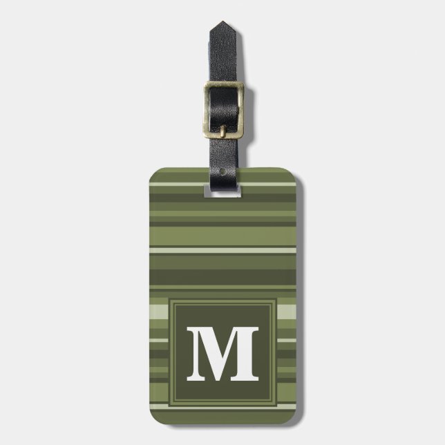 Étiquette À Bagage Rayures de vert olive de monogramme (Devant Vertical)