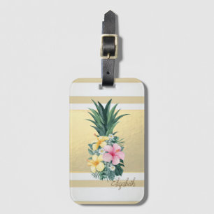 Étiquette À Bagage Rayures dorées modernes, Ananas, Fleurs