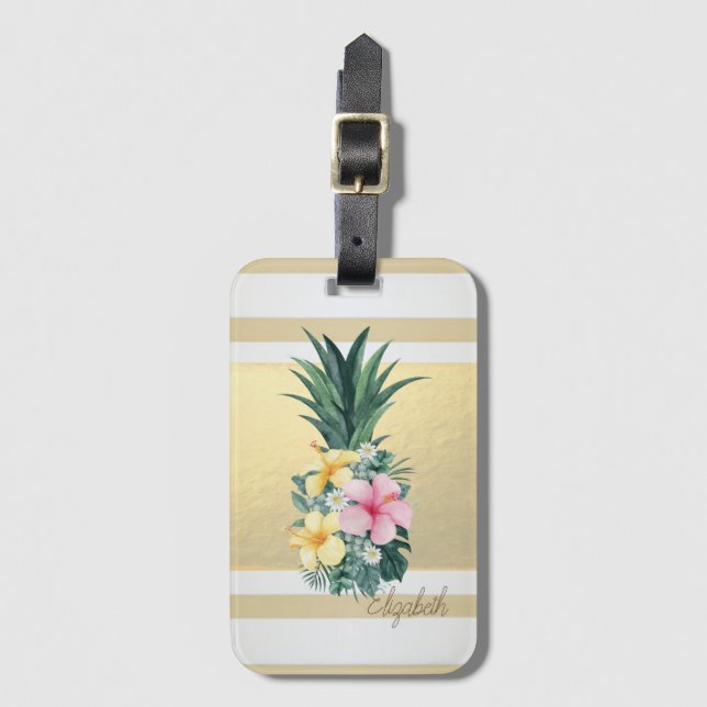 Étiquette À Bagage Rayures dorées modernes, Ananas, Fleurs (Devant Vertical)