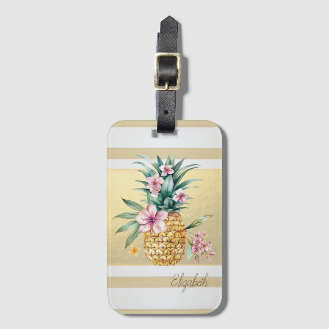 Étiquette À Bagage Rayures dorées modernes,Ananas floral (Devant Vertical)