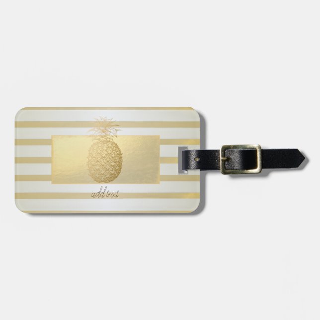 Étiquette À Bagage Rayures Modernes Féminines Dorées, Ananas Doré (Devant horizontal)