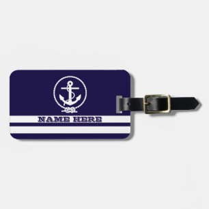 Étiquette À Bagage Rayures nautiques cool et monogramme d'ancre