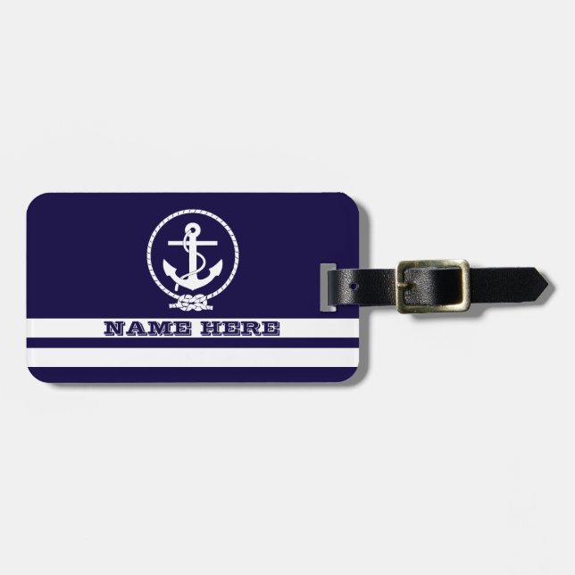 Étiquette À Bagage Rayures nautiques cool et monogramme d'ancre (Devant horizontal)