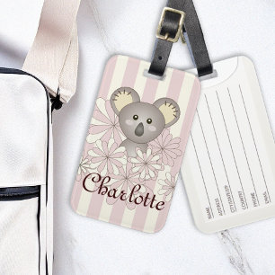Étiquette À Bagage Rayures Rose Pastel Mignon Koala Fille Enfants Nom