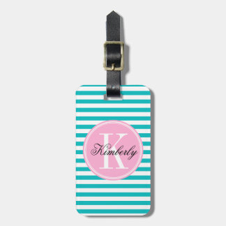 Étiquette À Bagage Rayures turquoises avec le monogramme rose de
