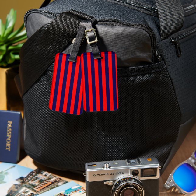 Étiquette À Bagage Red and Navy Blue Nautical Stripes  (Recto & Verso)
