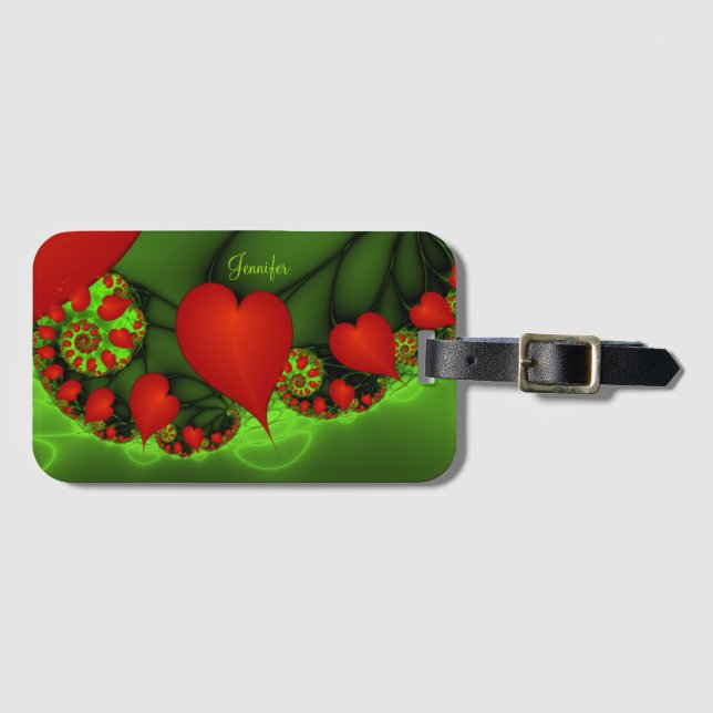 Étiquette À Bagage Red Hearts Lime Green Modern Abstrait Nom fractal (Devant Horizontal)
