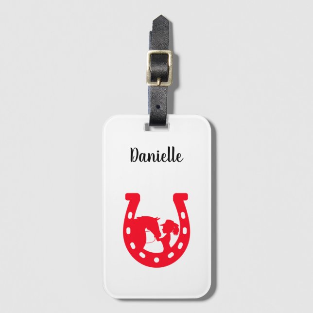 Étiquette À Bagage Red Horseshoe Girl and Horse (Devant Vertical)