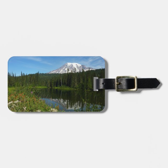 Étiquette À Bagage Reflet du lac du mont Rainier avec des fleurs sauv (Devant horizontal)