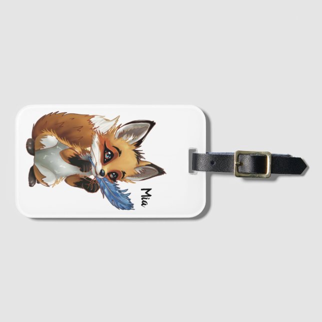 Étiquette À Bagage Renard Fantaisiste avec une Plume (Devant Horizontal)