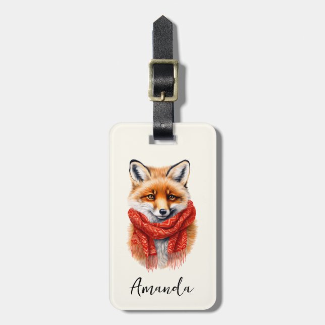 Étiquette À Bagage Renard mignon avec une écharpe rouge Image d'autom (Devant Vertical)