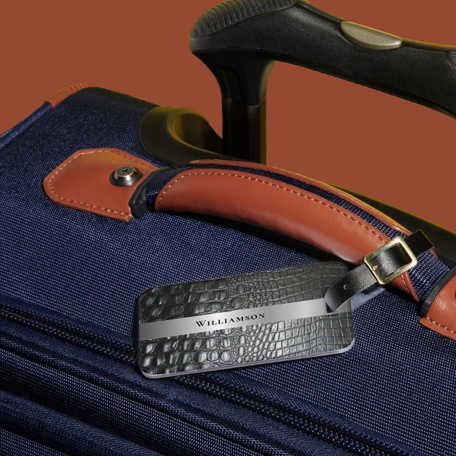 Étiquette À Bagage Reptile noir en cuir numérique en métal argenté (Créateur téléchargé)