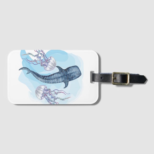 Étiquette À Bagage Requin Baleine. Aquarelle (Devant Horizontal)