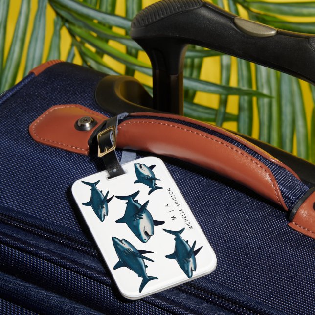 Étiquette À Bagage Requin bleu | Monogramme personnalisé (Insitu Rectoal 1)