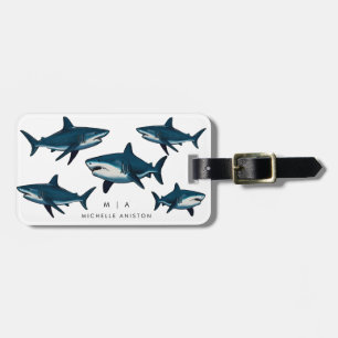 Étiquette À Bagage Requin bleu   Monogramme personnalisé