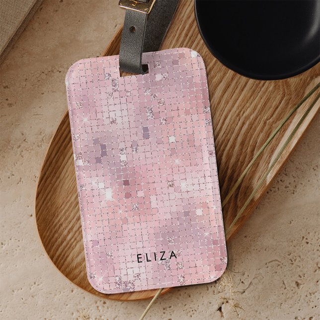 Étiquette À Bagage Retro Blush Pink Disco Mirror | Monogramme (A glam, blush pink disco ball inspired luggage tag)