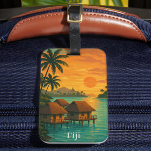 Étiquette À Bagage Retro Fiji Tropical Ocean Bungalows Vue coucher de