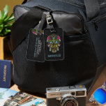 Étiquette À Bagage Retro Floral Sugar Crâne Noir Paisley Arrière - pl<br><div class="desc">Elégant arrière - plan cachemire noir avec crâne à sucre rétro coloré. Typographie personnalisée bleue et blanche.</div>
