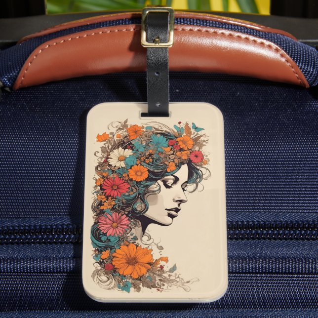 Étiquette À Bagage Retro Girl avec des fleurs dans ses cheveux (Insitu Rectoal 2)