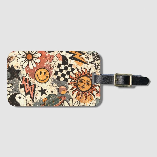 Étiquette À Bagage Retro Groovy Sticker Collage Pattern Smiley Face (Devant Horizontal)