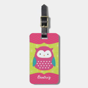 Étiquette À Bagage Rétro hibou mignon pourpre et Girly vert
