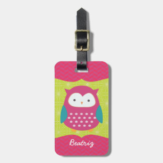 Étiquette À Bagage Rétro hibou mignon pourpre et Girly vert