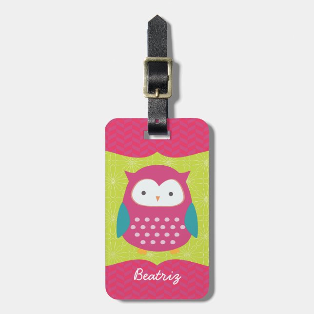 Étiquette À Bagage Rétro hibou mignon pourpre et Girly vert (Devant Vertical)