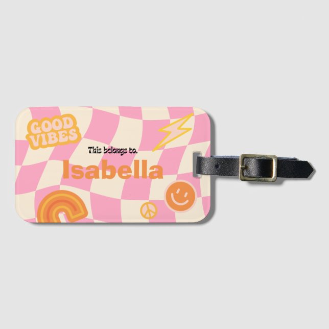 Étiquette À Bagage Retro Super Checkerboard Nom personnalisable (Devant Horizontal)