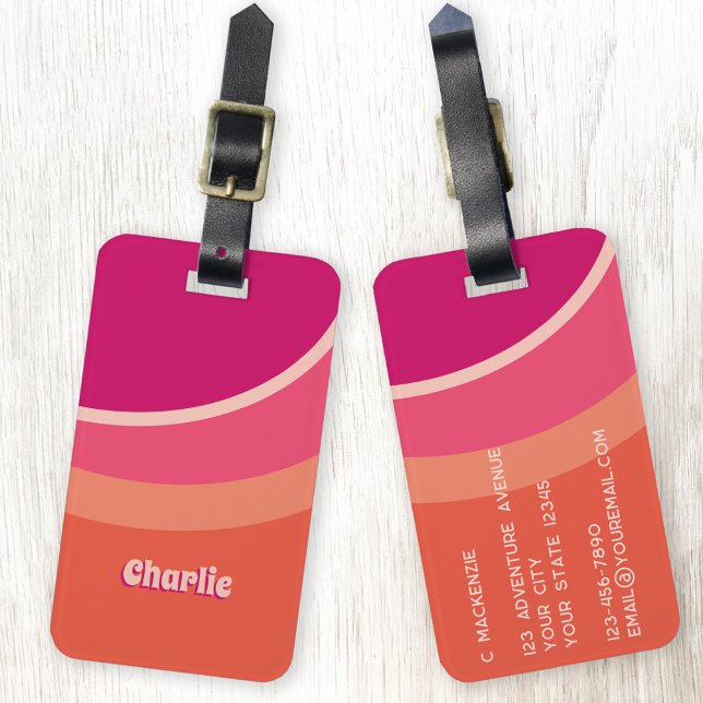 Étiquette À Bagage Retro Super Curve rose orange personnalisé (Retro groovy curve pink orange personalized custom text luggage tag)