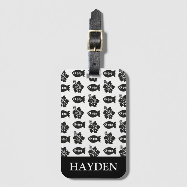 Étiquette À Bagage Retro Tiki Motif noir et blanc Personnalisé (Devant Vertical)