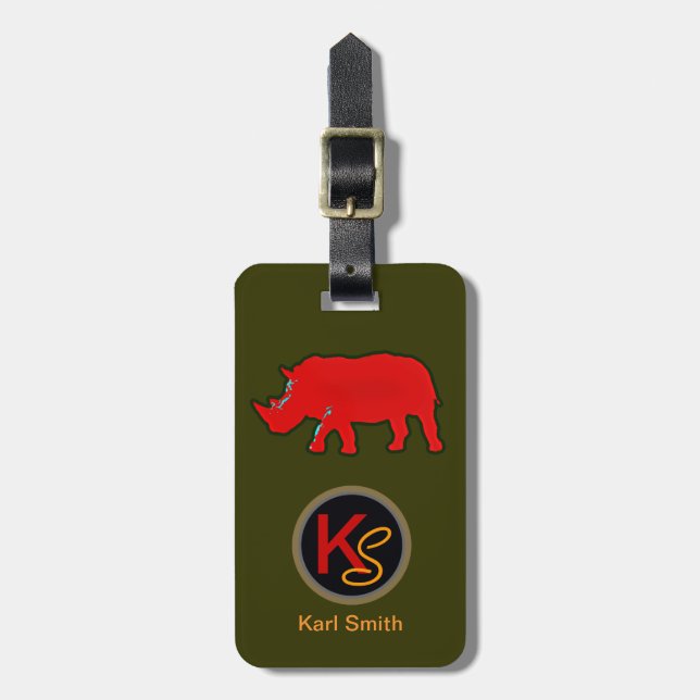 Étiquette À Bagage rhinocéros sauvage ajouter nom . monogramme (Devant Vertical)