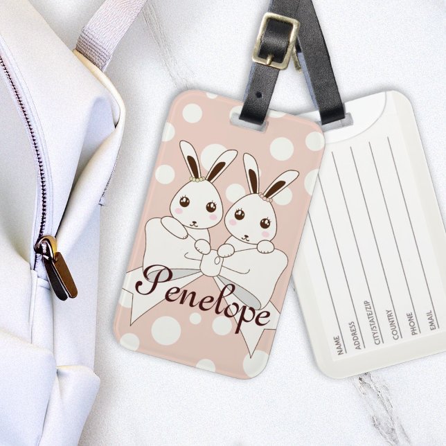 Étiquette À Bagage Ribbon rose Pastel blanc cassé mignon Bunny jumeau (Créateur téléchargé)