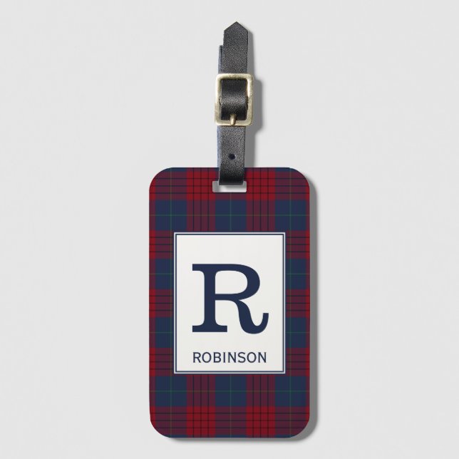 Étiquette À Bagage Robinson Tartan Navy Motif bleu et rouge Plaid (Devant Vertical)