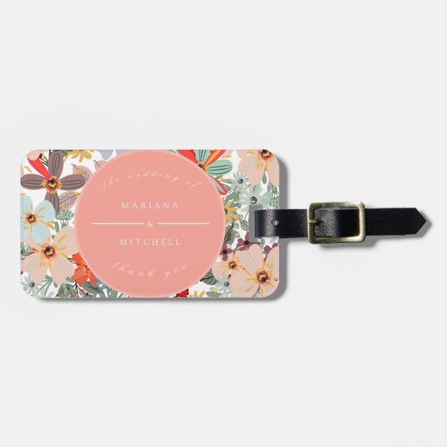 Étiquette À Bagage Romantique Floral doux rose vert pêche classique (Devant horizontal)