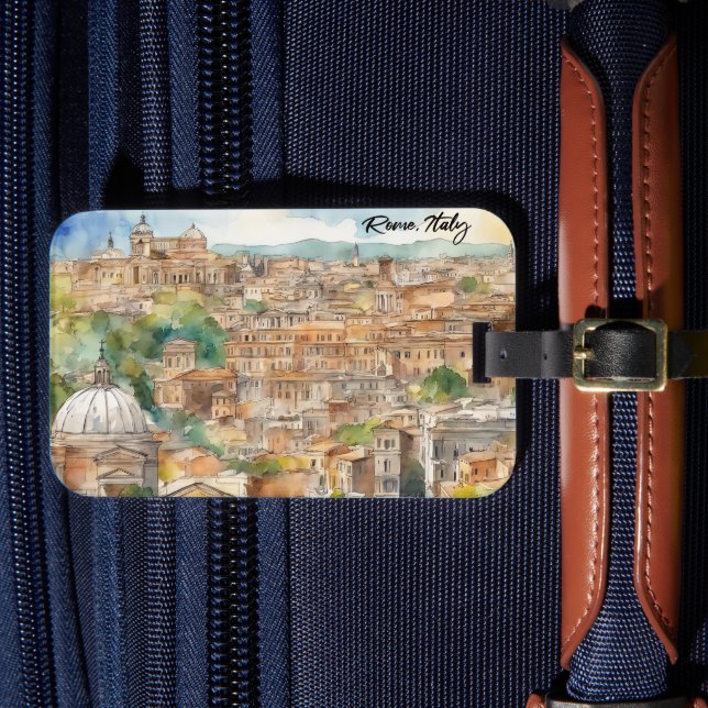 Étiquette À Bagage Rome Italie aquarelle peinture Panorama Vue (Insitu Rectoal 4)