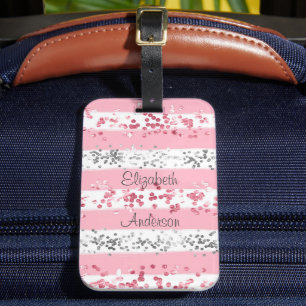 Étiquette À Bagage Rose Blanc Gris Argent Pailleté Personnalisé