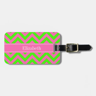 Étiquette À Bagage Rose Chaud #2 Vert Citron Grand Chevron Monogramme