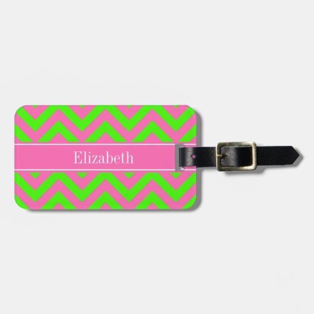 Étiquette À Bagage Rose Chaud #2 Vert Citron Grand Chevron Monogramme (Devant horizontal)
