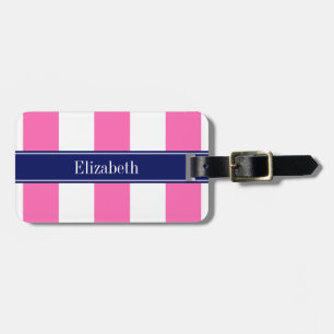 Étiquette À Bagage Rose Chaud #2 XL Rayures, Navy 5c Monogramme du No