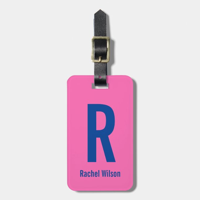 Étiquette À Bagage Rose chaud simple avec nom bleu et monogramme (Devant Vertical)