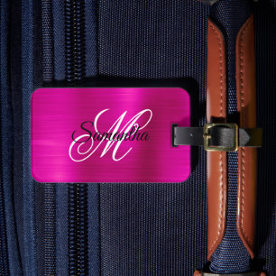 Étiquette À Bagage Rose Chaude Métallisé Monogramme Fantaisie