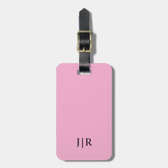 Étiquette À Bagage Rose clair et noir I Monogramme Moderne  (Devant Vertical)