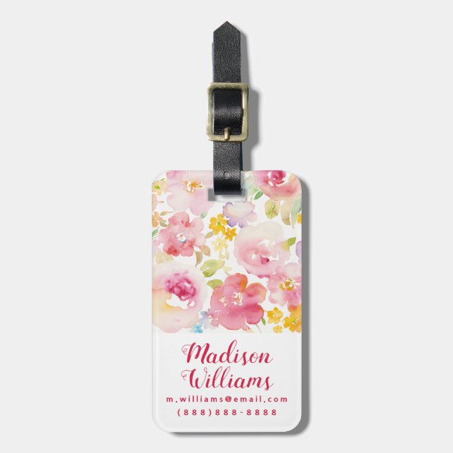 Étiquette À Bagage Rose d'aquarelle du milieu de l'été | floral (Devant Vertical)